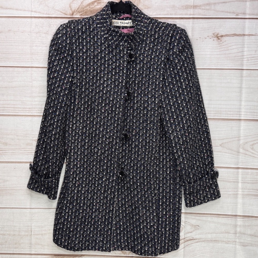 VTG City Limits Tweed Longline Coat Women 7/8 Black Multi-Color Wool Blend